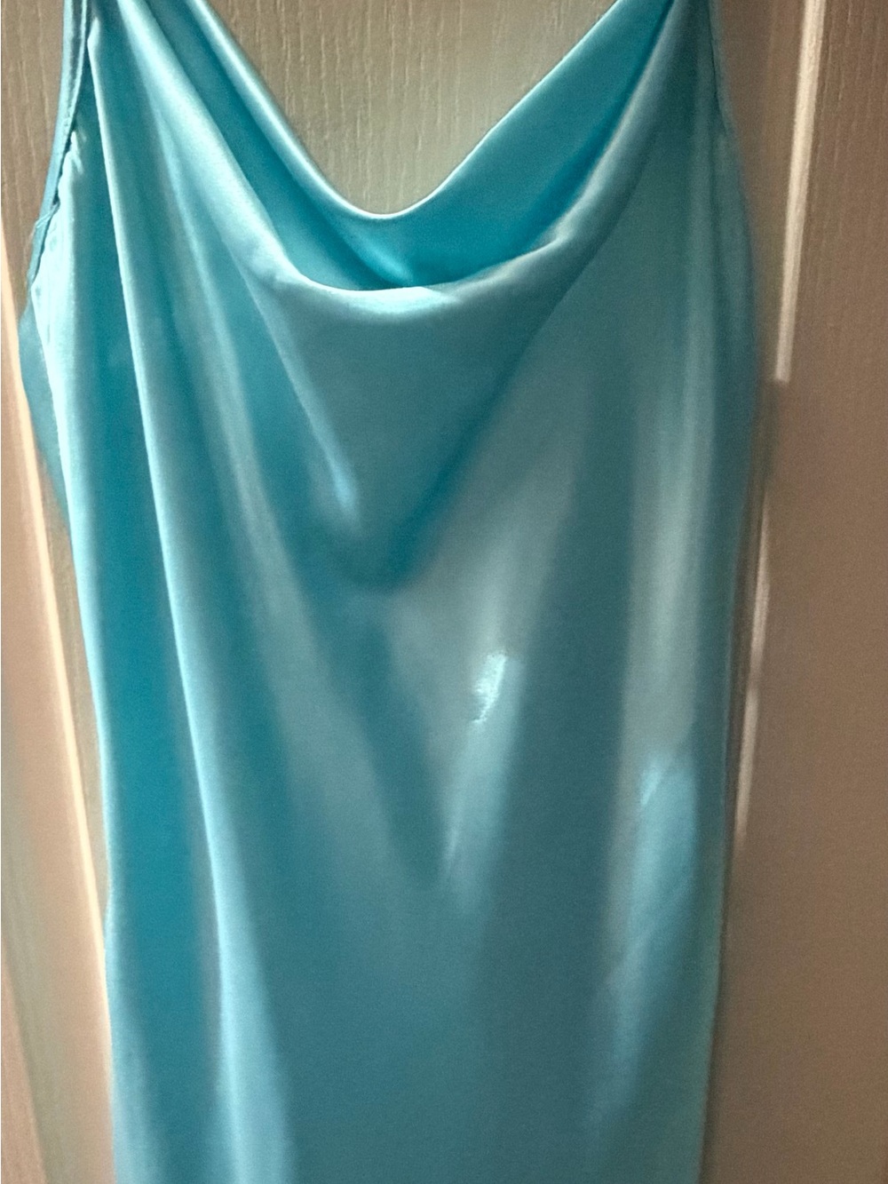 bebe Aqua Satin Slip Dress with Cowl Neck
